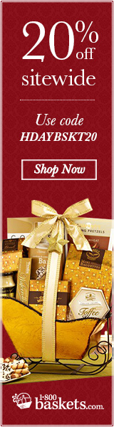 Save 15% on Delicious Gift Baskets, Chocolates, Fruits, and more available at 1800baskets.com! Use code 18BSAVE15 at checkout - 160x600
