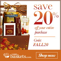 Celebrate the fall season with 20% OFF your entire purchase at 1800Baskets.com! Use Coupon Code FALL20