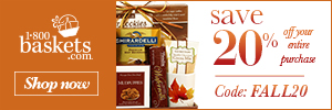 Celebrate the fall season with 20% OFF your entire purchase at 1800Baskets.com! (Offer ends 11/31/2013) Use Coupon Code FALL20