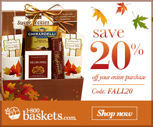 Celebrate the fall season with 20% OFF your entire purchase at 1800Baskets.com! (Offer ends 11/31/2013) Use Coupon Code FALL20