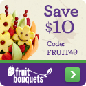 Save $10 on purchases of $49.99 & up on our Fruit Bouquets at 1800flowers.com. Promo Code: FRUIT49