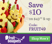 Save $10 on purchases of $59.99 & up on our Fruit Bouquets at 1800flowers.com. Promo Code: FRUIT59