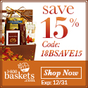 Save 15% on delicious Gift Baskets, Chocolates, Fruits, Spa Gifts, Sweets, Treats, and more from 1800baskets.com! (Offer ends12/31/13) Use promo code 18BSAVE15